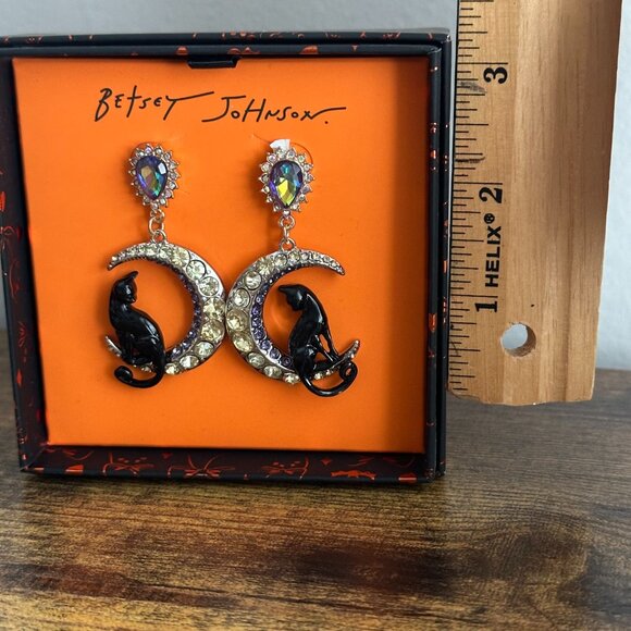 New Betsey Johnson Black Cat Moon Dangle Earrings Sparkly Gems Jewelry Halloween - Picture 2 of 3